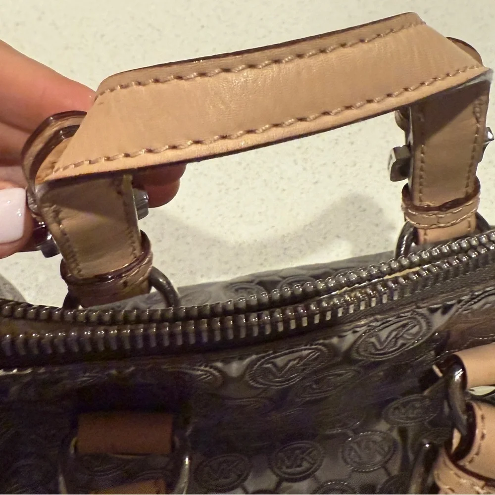 Michael Kors Shiny Silver and Tan Satchel
